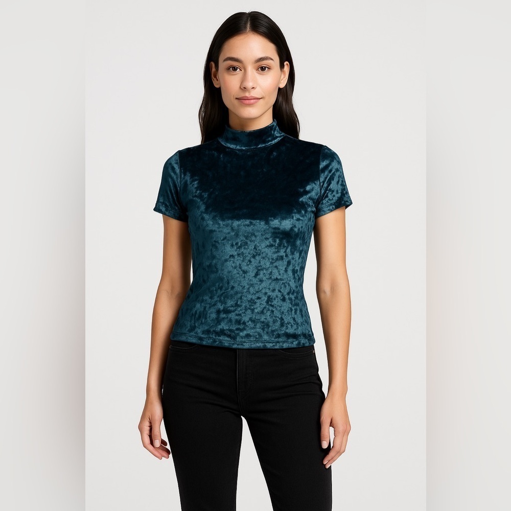 A New Day Blue Crushed Velvet Mock Neck Top Womenβs XS Witchy Vampy Coquette